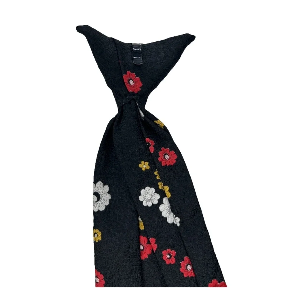 Clip On‎ Neck Tie, Black, Marigold Yellow, Ruby Red & White Flowers On Blk